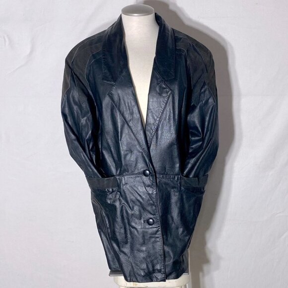 Vintage Pelle Cuir black 90s oversized leather jacket L - Picture 3 of 14